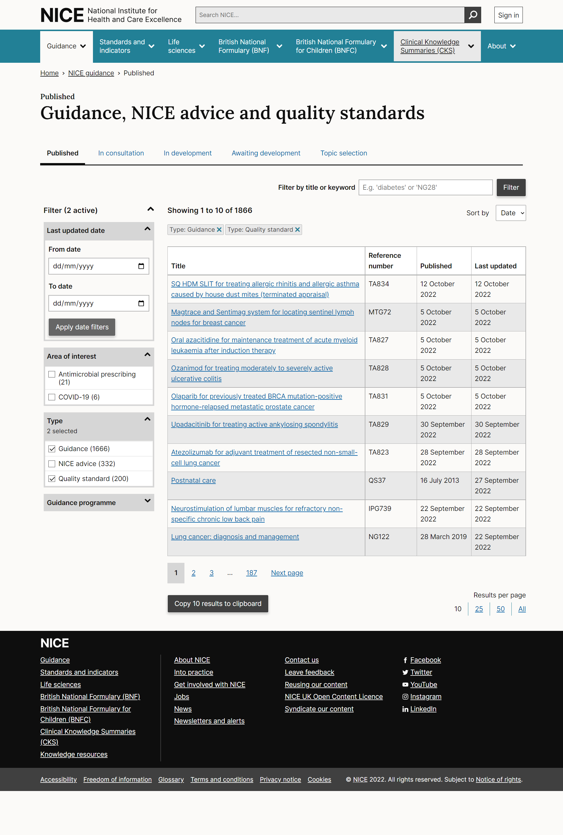 Screenshot of enhanced pagination links in the NICE guidance list